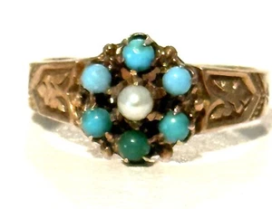 Antique Victorian Turquoise & Pearl 10 Kt Gold Ring - Picture 1 of 4