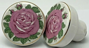Antique Porcelain Round Ceramic Door Knob Pair Pink Rose Vintage - Picture 1 of 10