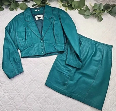 VTG Yucatan Bay Teal Green Leather Crop Jacket and Skirt Size S Moto 80's Womens - Image 1 of 4