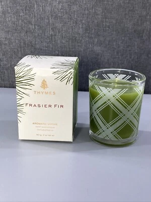 Thymes Frasier Fir Candle Votive 2 Oz Glass Plaid Pattern Cedarwood Sandalwood - Image 1 of 4