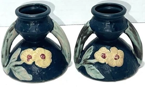 Roseville Pottery Reproduction Blue Rose Floral Candlestick Candle Holders Pair - Picture 1 of 6
