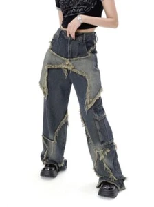 2023 Women Stitching Tassel Pants Retro High Street Jeans Loose Wide Leg Pants - Picture 1 of 21