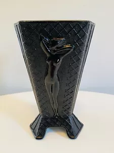 Vintage McKee Black Amethyst Glass Vase, Nude Woman in Relief Three-Sided Vase - Picture 1 of 8