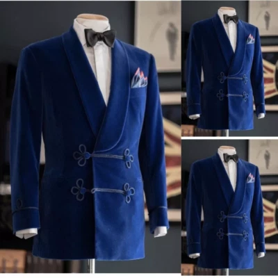 Blazer de terciopelo azul para hombres con trajes de doble botonadura formal para boda graduación cena Foto 1 de 4