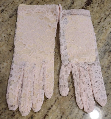 NEW! Vintage Size L Stretch Nylon Pink Lace Floral Formal Gloves 8" Long - Image 1 of 4