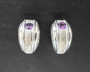 Silver Tone Brushed Wide Textured Lab-Created Amethyst Half Hoop Earrings - Picture 1 of 5