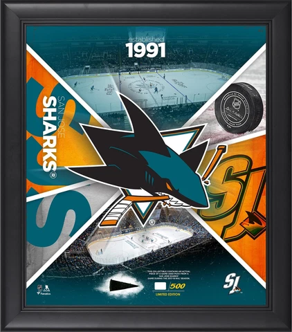 San Jose Sharks Framed 15" x 17" Team Impact Collage with a Piece of GU Puck Cover