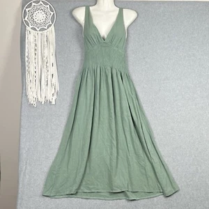 Shareen Collection Dress Womens 8 S Green Midi V Neck Rayon Linen Shirred Boho - Picture 1 of 11