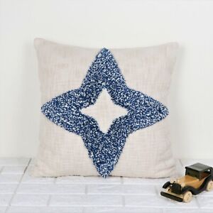 Blue and Ivory Hand Tufted Texture Embroidered Boho Fringe Pillow Cushion Cover