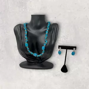 Faux Turquoise Necklace Earrings Set Silver Tone Pierced Drop - Picture 1 of 10