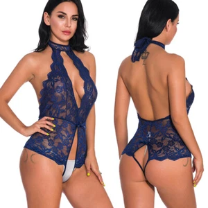 Sexy Lingerie Lace One Piece Women Teddy Sleepwear Crothless Halter Bodysuit USA - Picture 1 of 38