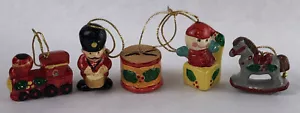 5 Mini Christmas Tree Ornaments Jack In Box Horse Train Ceramic Drummer Vintage - Picture 1 of 12