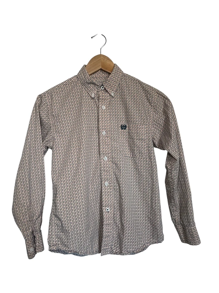 Cinch Boy`s Youth Tan, Black Geometric Long Sleeve Button Down Shirt Med 10 - Image 1 of 4
