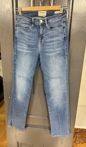 FRAME Jeans Size 26 Le High Straight Ankle, Caroline Blue Denim Side Ankle Slit - Picture 1 of 13