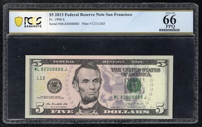 FR. 1996-L 2013 $5 FRN SAN FRANCISCO, CA PCGS BANKNOTE GEM UNCIRCULATED-66PPQ - Image 1 of 2