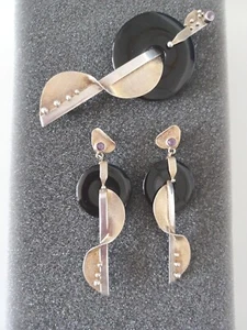 Designer Schmuck-Brosche/Anhänger+Ohrstecker -Silber 925 - Amethyst/Onyx um 1970 - Bild 1 von 4