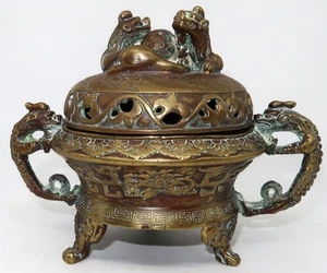 Antique Chinese Yixing Stamped Dragons Bronze Tripod Incense Burner Censer, 4" - Picture 1 of 11