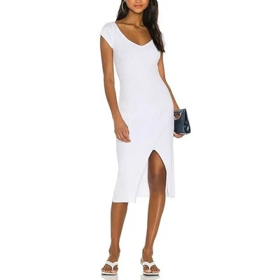 ENZA COSTA Rib Soft V Cap Sleeve Midi Dress Womens Medium White Stretch Slit NEW - Image 1 of 4