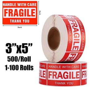 500-50000 3x5 Zerbrechliche Aufkleber Handle with Care Danke Versand Warnschild - Bild 1 von 7
