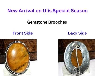 Broches prendedores exclusivos ojo de tigre enchapados en plata 925 piedras preciosas 1,3" JW Foto 1 de 3