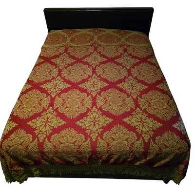 Vintage 1970s Sears Red Green Damask Floral Jacquard Woven Throw Blanket Fringe - Image 1 of 4