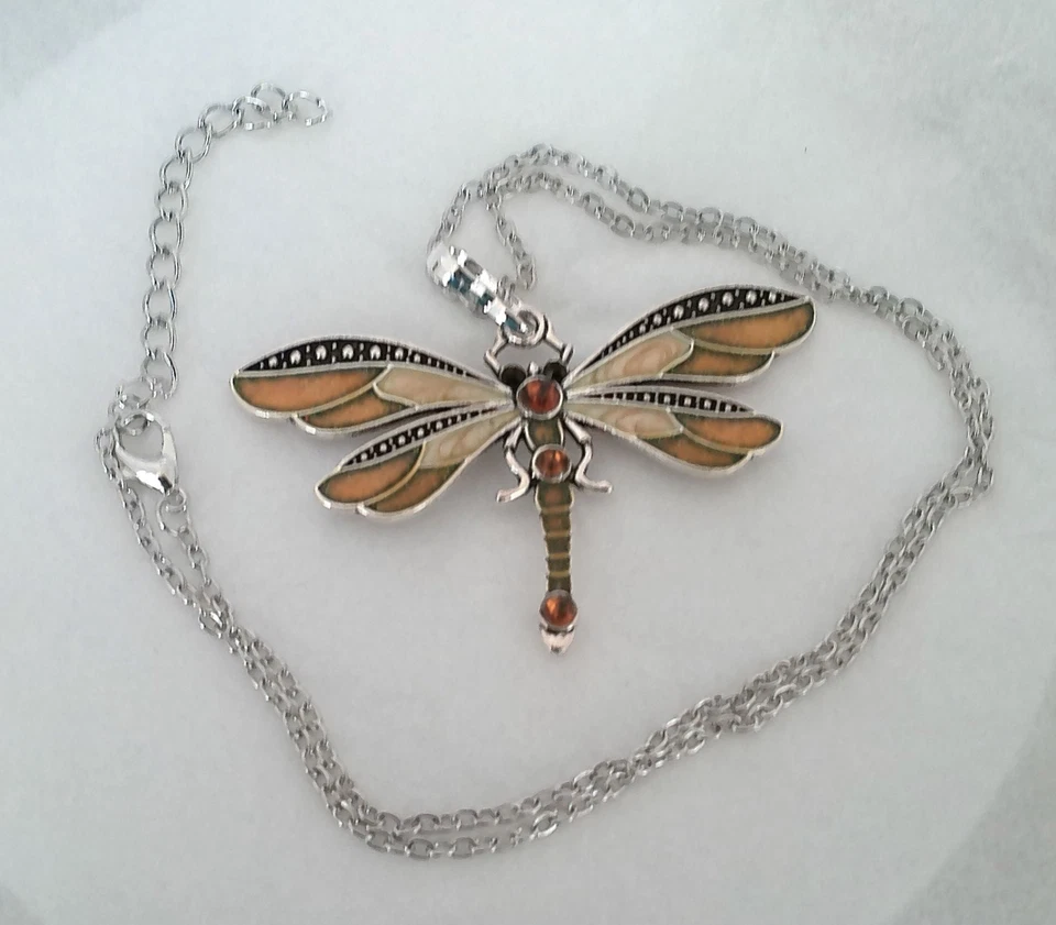 New Silvertone Detailed Earthtones Enamel & Crystal Accented Dragonfly Necklace - Image 1 of 4