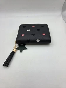 Schwarze Kunstleder Geldbörse mit bestickten Herzen und Stern Quaste Reißverschluss - Bild 1 von 3