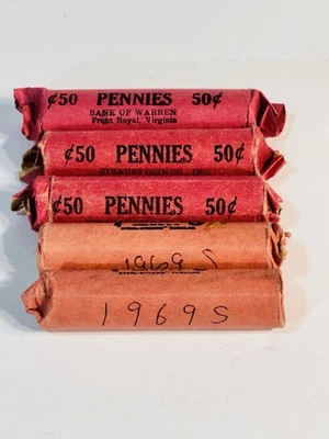 Lot Of 5: 1969-S Lincoln Cents/Memorial Penny Uncirculated Rolls of 50 Pennies - Image 1 of 3