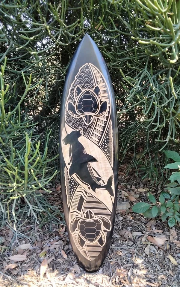 Tabla de surf de madera Hammer Head Shark hawaiana tribal tortuga tiki placa de pared 39" Foto 1 de 3