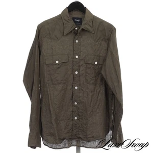 #1 MENSWEAR Drakes 100% Linen Olive Green Western Yoke Button Down Shirt L NR - Picture 1 of 6