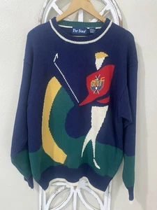 Vtg Grandpa Knit Sweater Large Par Four Crewneck Golf Swing Scene Ramie Cotton - Picture 1 of 4