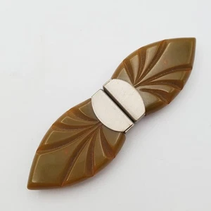 Art Deco Carved Green Bakelite Belt Buckle Clips Leaf Motif - Picture 1 of 7