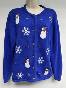 Crystal Kobe Women's Sz M Christmas Embroidered Snowman Button Cardigan Sweater - Picture 1 of 10