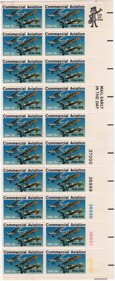 Scott #1684 Commercial Aviation 13¢ Plate/Zip Block of 20 Stamps - MNH LR - Image 1 of 1