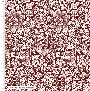 William Morris Designs Bird and Anemone Maroon Ivory 150cm 100% Viscose Fabric - Picture 1 of 1