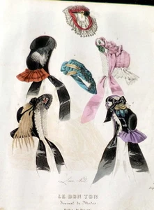 1862 Era de la Guerra Civil SOMBREROS FRANCESES GRABADOS DE MODA Bon Ton coloreado a mano siglo XIX - Imagen 1 de 2