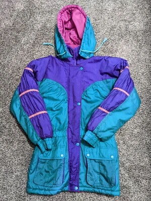 Jaqueta de inverno vintage Metro Express década de 1980 para meninas tamanho 10/12 azul-petróleo roxo rosa - Imagem 1 de 4