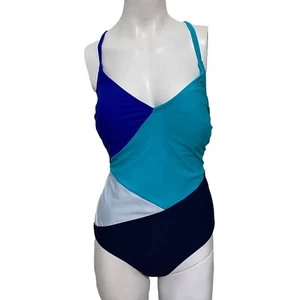 Eco Beach LARGE Women's  One Piece Swimsuit Aqua,Navy Blue & White Color Block - Picture 1 of 7