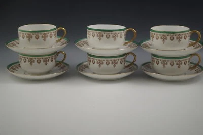 BERNARDAUD LIMOGES EMPIRE SET OF 6 TEACUPS AND SAUCERS -GOLD GREEN BER36 ANTIQUE - Изображение 1 из 4