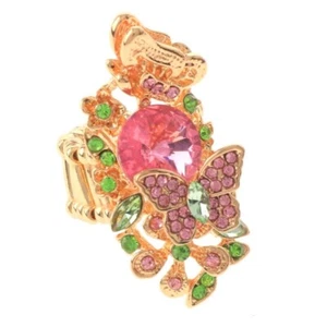 GOLD PINK AND GREEN BUTTERFLY STRETCH RING ( 1253 ) - Picture 1 of 1