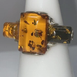 Unique Ring 3 Baltic Amber Stones Wave Cut Sterling Silver 925 Sz 6.75 738 - Picture 1 of 8
