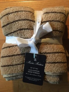Brooks Brothers 2 Luxury Cotton Hand Towels Cafe Au Lait Stripe 16x28" Last Set! - Picture 1 of 3
