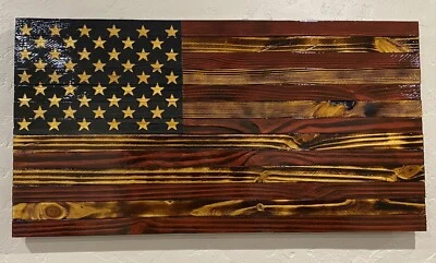 Arte de pared de madera con bandera americana hecha a mano, tallada estrellas de la Unión 37x19 pulgadas Foto 1 de 4
