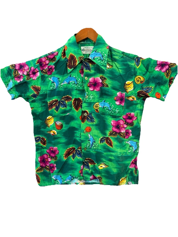 Camisa vintage estilo hawaiano marca años 70 para hombre talla M delfines verdes puntada única Foto 1 de 4