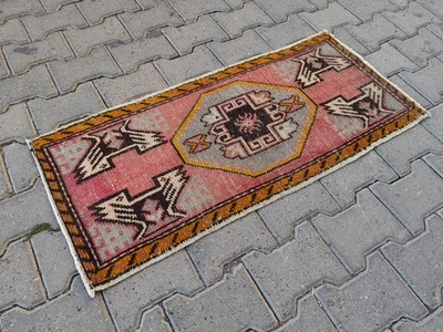Vintage Turkish Rug Mat 3.5x1.6 ft | Rose Pink Oushak Medallion - image 1 of 4