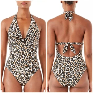 Kate Spade NWT Leopard Animal-Print Halter One-Piece Swimsuit Belt Heart Size S - Picture 1 of 12