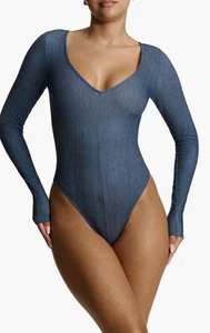 Naked Wardrobe The V Denim Thong Bodysuit Denim Color Long Sleeve Size XL NWOT - Picture 1 of 5
