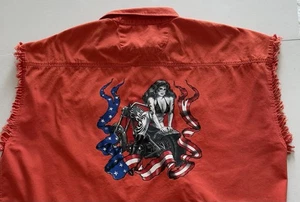 Men's 3XL Biker Motorcycle Pin Up Frayed Cotton Heritage Button up Orange Shirt - Picture 1 of 12