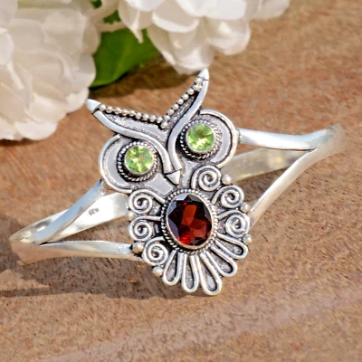 Red Garnet Cut & Peridot Cut Gemstone 925 Sterling Silver Cuff Bangle For Party - Image 1 of 4