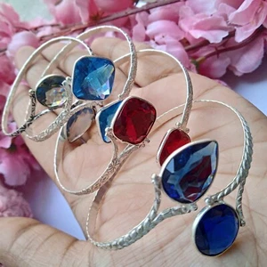 Faceted Topaz Glass 925 Sterling Silver Plated Cuff Women Bangle Adjustable Lot - Picture 1 of 3